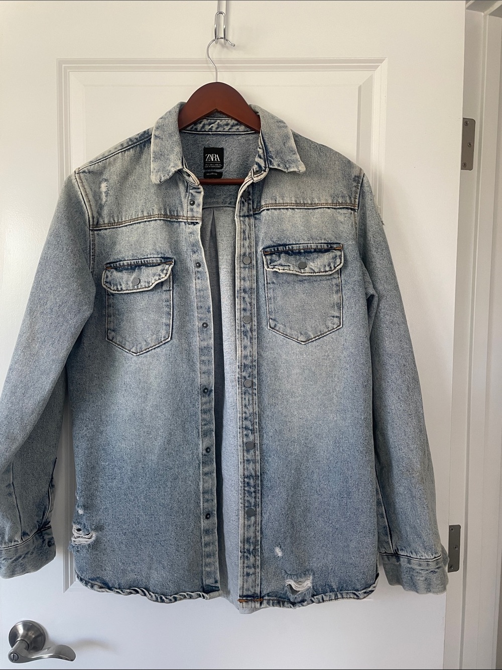 Zara Light Wash Distressed Denim Shirt Jacket - Blue